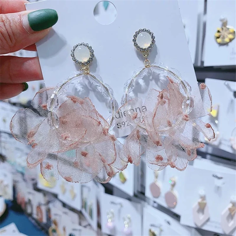 

New Korean Sweet Crystal Earring Big Flower Petals Statement Romantic Earrings For Women Girls Fashion Jewelry Gift Wholesale