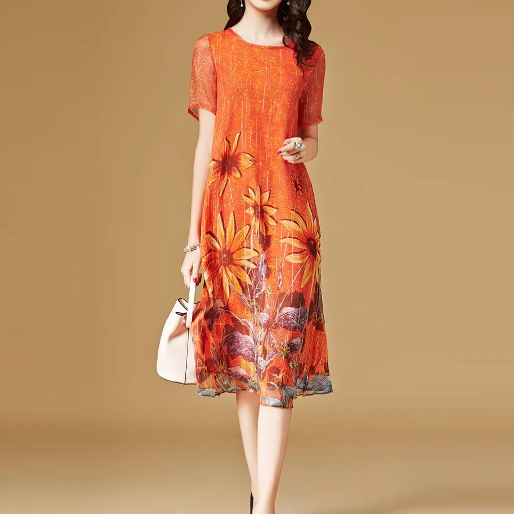 

Sunflower Printing Dress Women Fashion Summer Short Sleeve Loose Knee Length women dresses summer 2019 vestido de festa longo