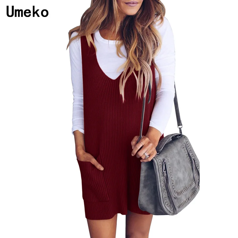 

Umeko Knitted V-Neck Strap Dress Female Solid Midi Dress Short Dresses Women Clothes Casual Solid Sleeveless Tank with Pockets