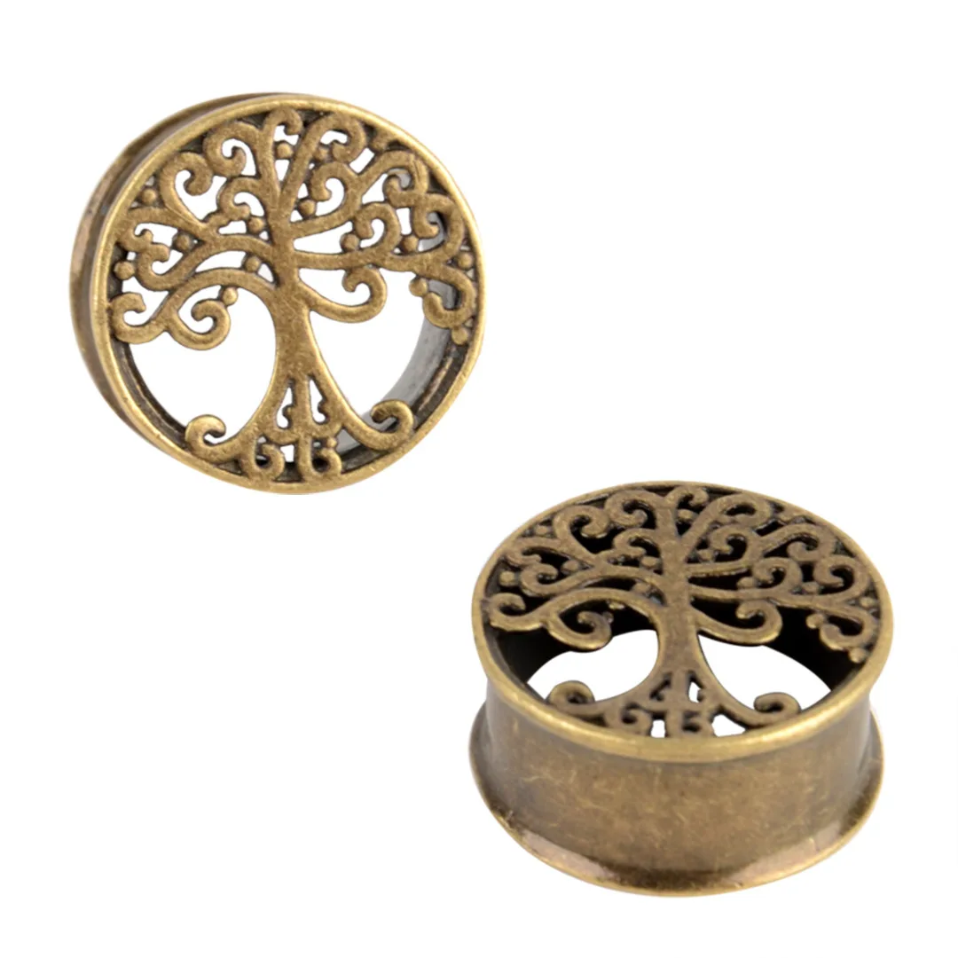 1Pair Shellhard Antique Brass Ear Plugs Shellhard Hollow Tree Life Flesh Tunnel Ear Plug Gauge Piercing Jewelry For Women