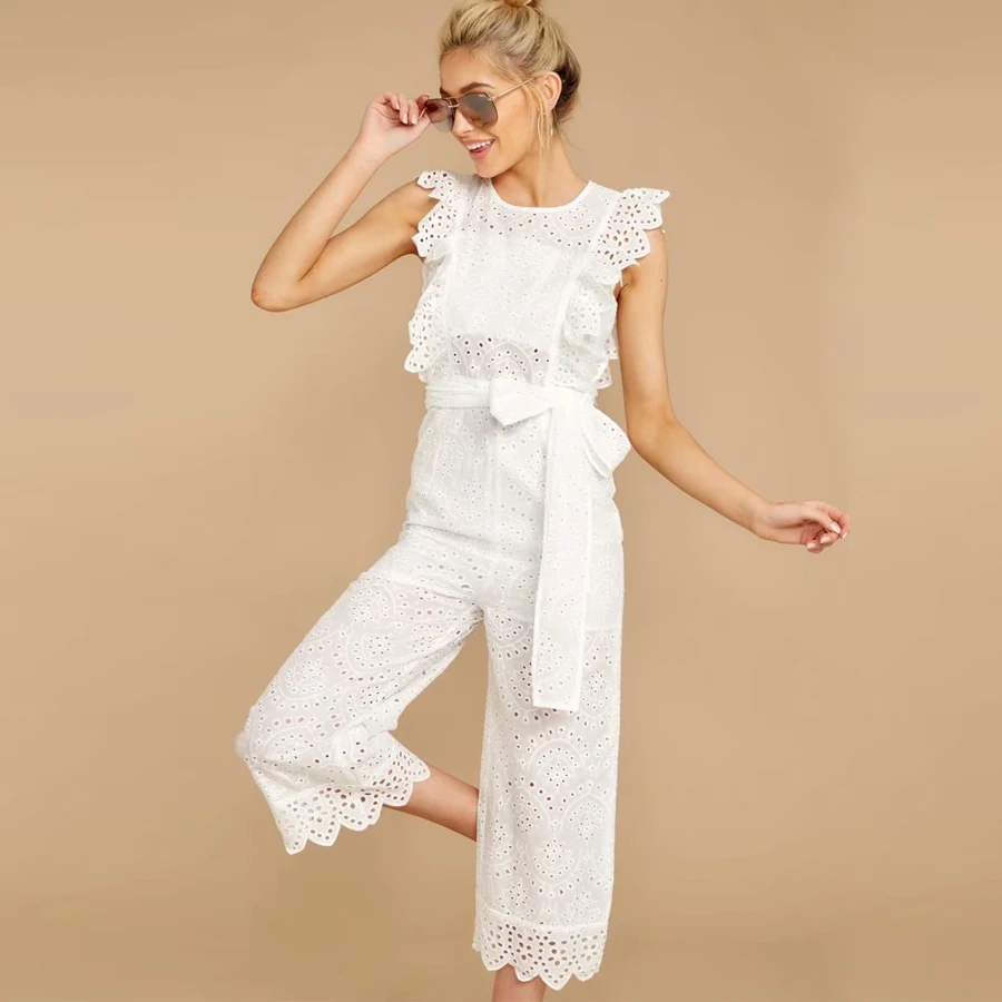 

KIYUMI Jumpsuit Women White Rompers Womens Jumpsuit Sleeveless Sashes2019 nt Lace Embroidered With Lining Cotton Jumpsuits