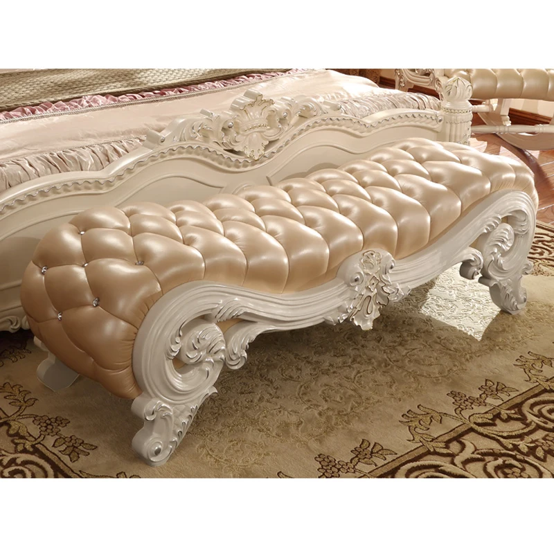 الحديثة العتيقة الطراز الأوروبي أثاث غرفة نوم الصلبة الخشب نحت جلدية مقاعد البدلاء نهاية السرير البراز