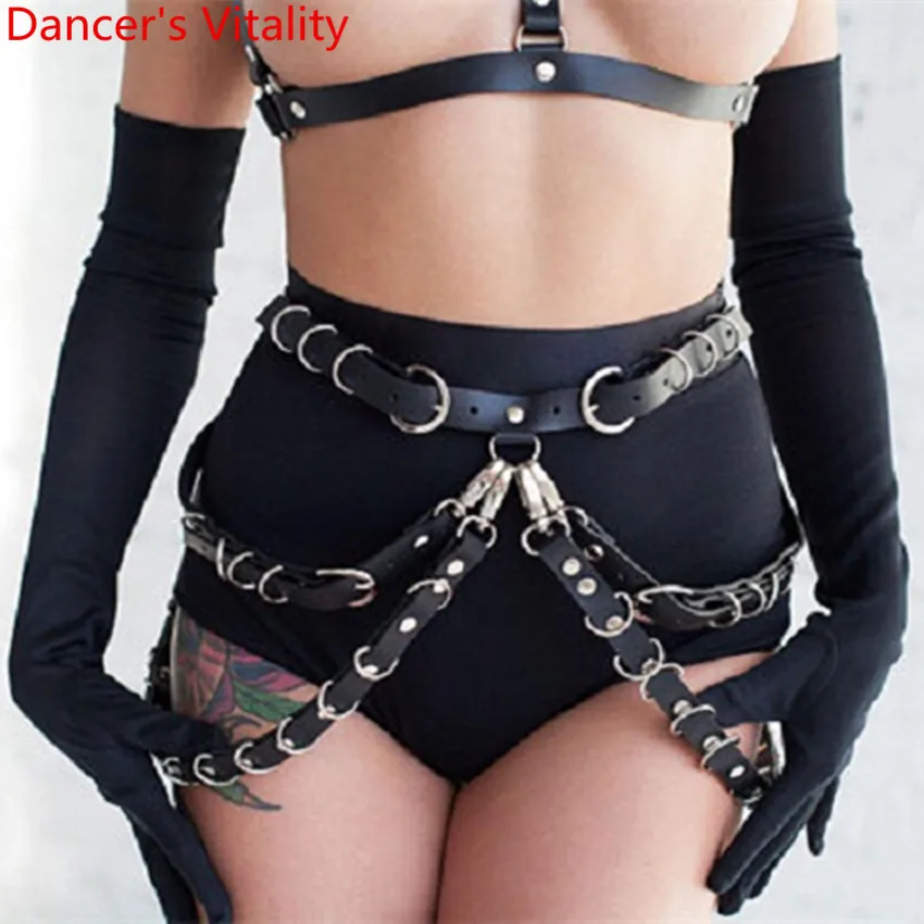 

Nightclub Bar Stage Wear PU Leather Leg Accessories Black Belt DS Pole Jazz DJ Singer Dancing Bandage Performance Costume Clothe