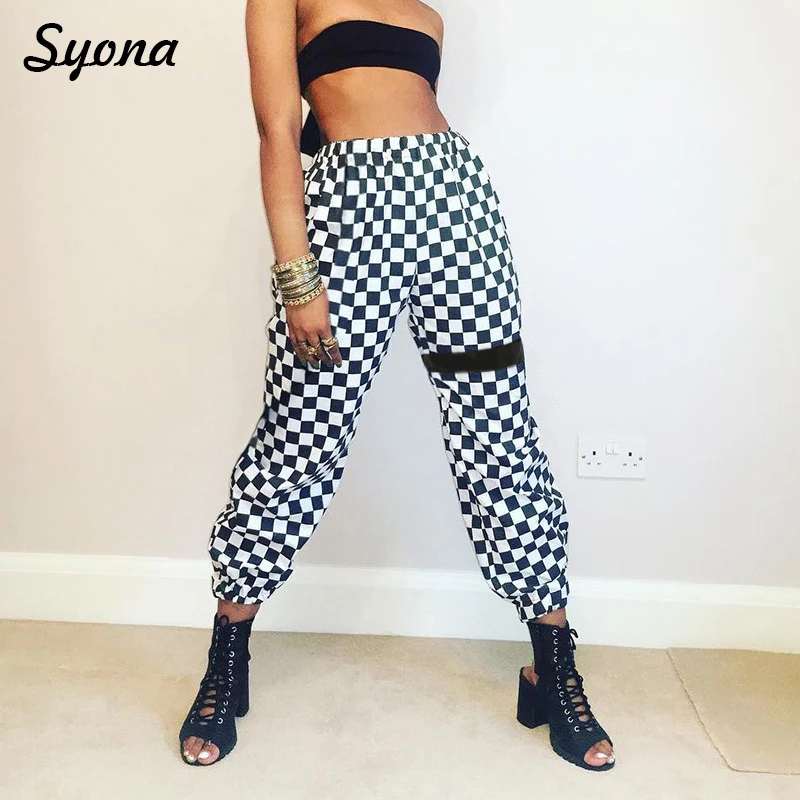 grey and black checkered trousers