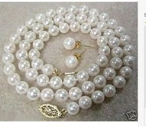 

classic 9-10mm freshwater round white pearl necklace & earring 14k gold set
