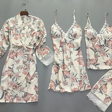 4 шт., сексуальная шелковая, сатиновая Пижама, набор, халат в цветочек+ ночная рубашка+ топ-комбинация+ шорты, кружевное ночное белье, домашняя одежда для женщин