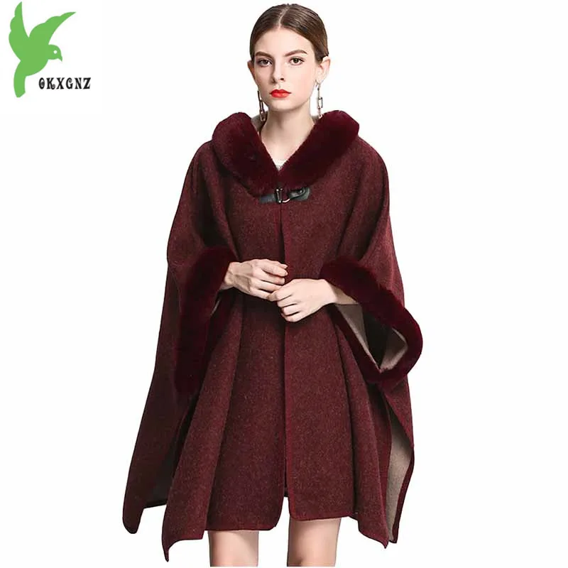 2018 осень зима женские шерстяные пальто-мантия мода меховой воротник с капюшоном шали рукава летучая мышь свободные женский кардиган