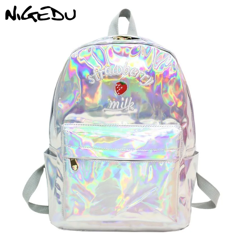 

Embroidery Letter Laser Backpack women Holographic Soft PU Leather school bags for teenage girls laptop backpack waterproof bao
