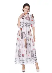 Мода 2018 г. Cat печати платье макси половина для женщин галстук бабочка воротник Длинные платья Повседневное плиссированные элегантные