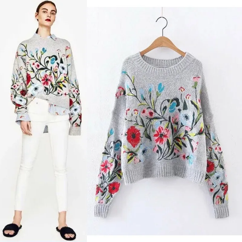 

2019 Winter Runway Cashmere Women Sweaters and Pullovers Designer Flora Embroidery Vintage Knitted Jumpers Ladies Tops Clothing