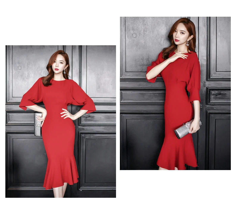 Корейский Stlye для женщин красный рукав "летучая мышь" Русалка Платья для модные тонкие Bodycon офисные вечерние платье