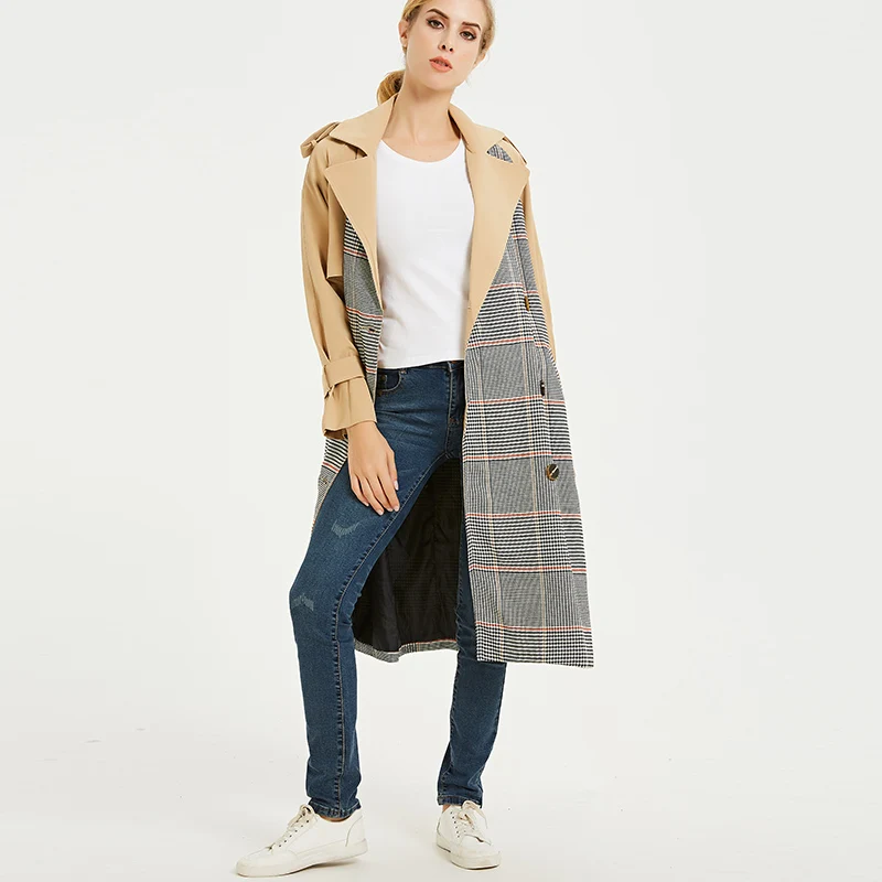 

Trench Coat for Women 2019 High Street Double Breasted Plaid Turn-down Collar Autumn X-Long Women's Overcoat with Pocket