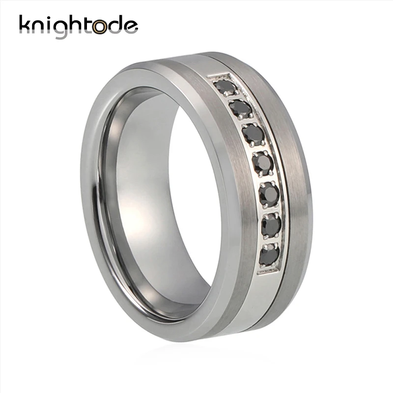 

Knightode Tungsten Wedding Band For Men Women Steel Combined Ring With 7 Black CZ Stone Inlay Beveled Design
