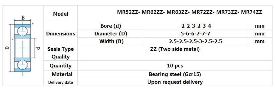 10 шт. MR52 ZZ MR62ZZ MR63ZZ MR72 ZZ MR73 ZZ MR74ZZ мини Подшипники 2x5x2,5 2x6x2,5 3x6x2,5 2x7x3 3x7x2,5 4x7x2,5 мм