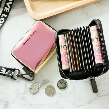 

Mini Women Wallet Multiple Card Slot Card Holder With Strap Protable PU Leather Women Purse Variable Case Laser Colorful #1012