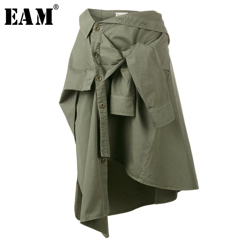 

[EAM] 2020 New Spring High Waist Army Green Knot Irregular Split Joint Loose Half-body Skirt Women Fashion Tide JG664
