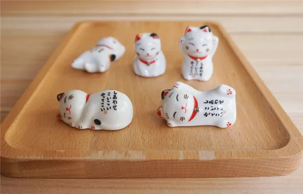 Plutus Lucky Wealth Cats Ceramic Chopsticks Rest Stand Rack Fruit Plate 6pcs - 1