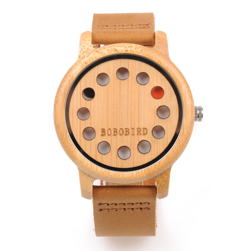 BOBO BIRD бамбуковые деревянные часы Мужские кварцевые часы для мужчин Wo для мужчин 12 отверстий дизайн циферблат с кожаным ремешком relogio masculino J-A26