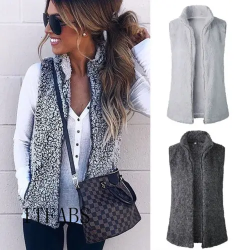 

Women Vest Winter Warm Sleeveless Outwear Casual Faux Fur Ladies Zip Up Sherpa Jacket Coat Tops Vests