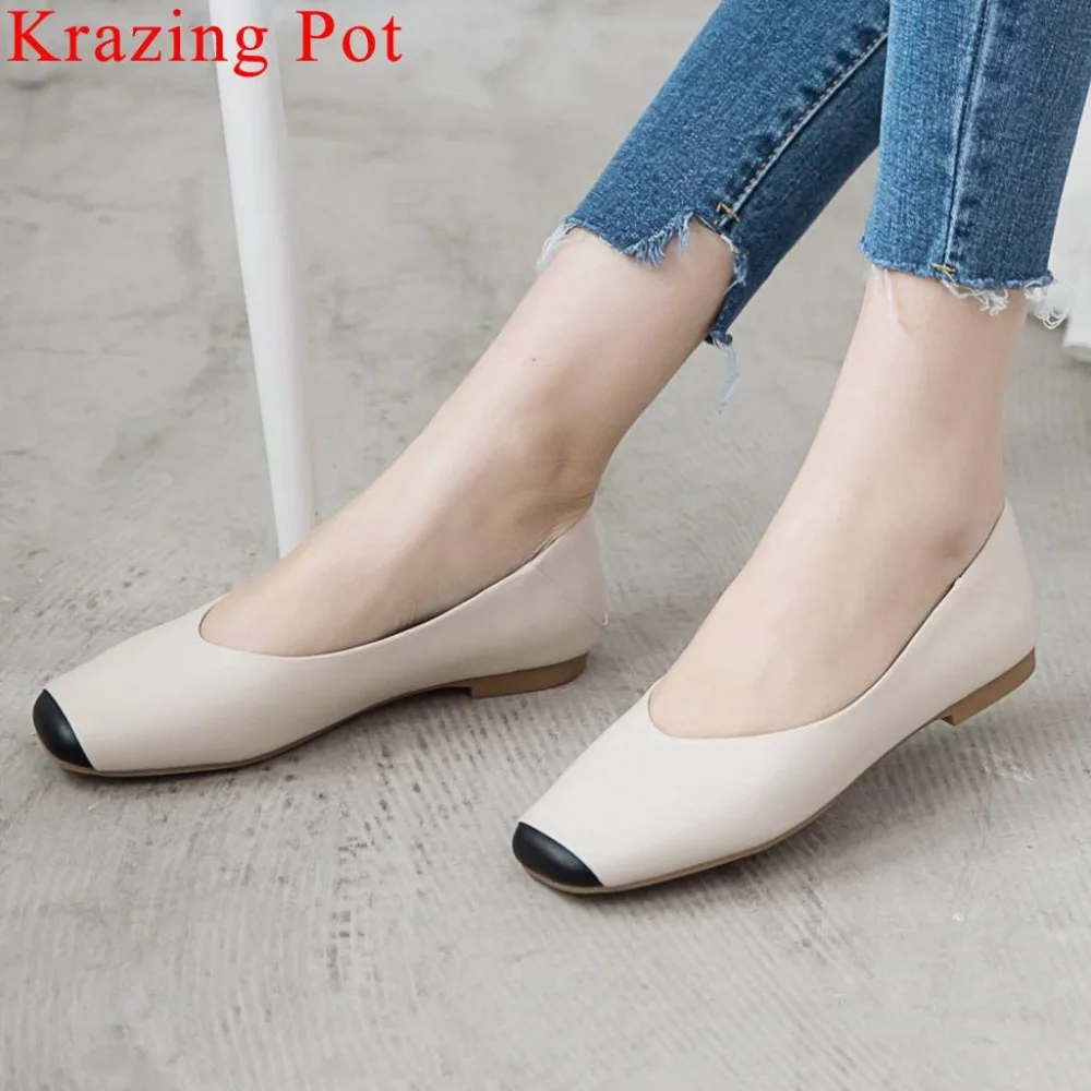 

Krazing Pot hand-sewn leather mixed colors slip on loafers ballet shoes square toe cow leather flat with retro grandma shoes L69