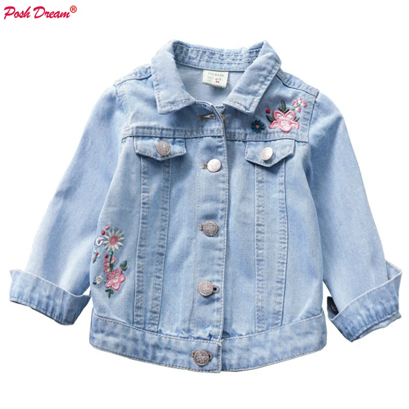 

POSH DREAM Denim Cow Kids Jackets for Girls Soft Embroidery Flower Baby Jacket Outfits Spring New Children Wear Baby Girl Jacket
