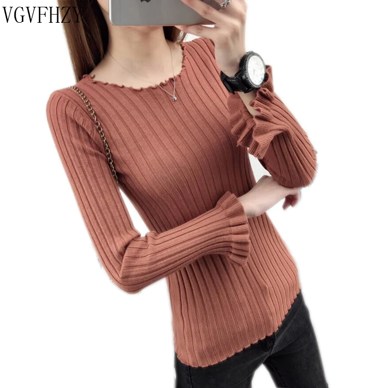 Women Sweater Pullover Basic Rib Knitted Cotton Tops Solid Crew Neck Essential Jumper Long Sleeve Sweaters Autumn Winter LY992 | Женская