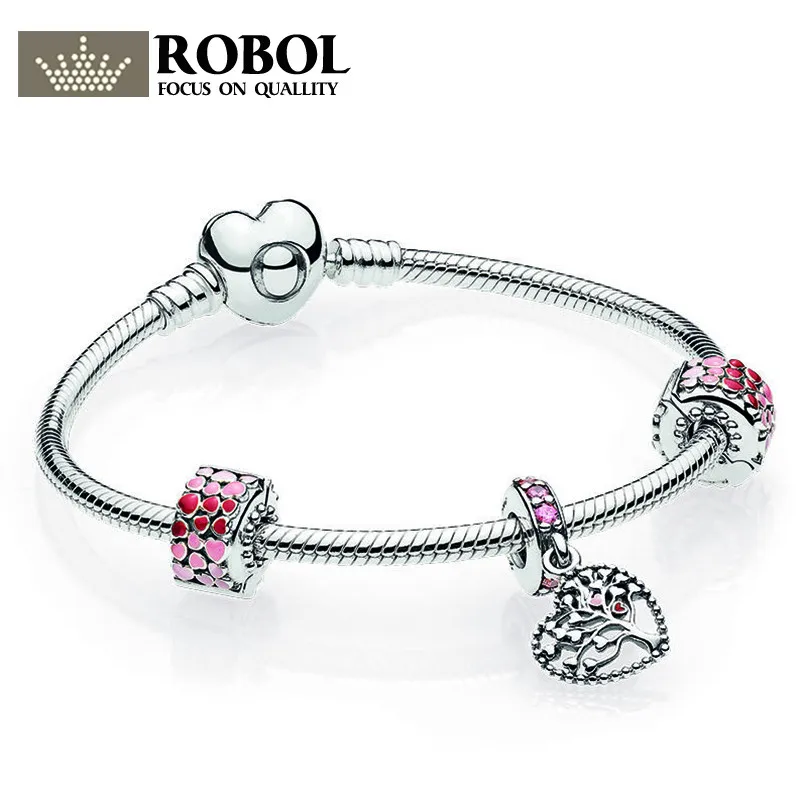 

ROBOL 100% 925 Sterling Silver New 1:1 Genuine Princess Natural Magic Bracelet Set Elegant Charm Love H Bracelet Set