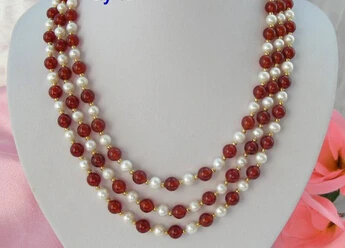 

08150 stunning 3rows 8mm round white freshwater pearls red agate necklace