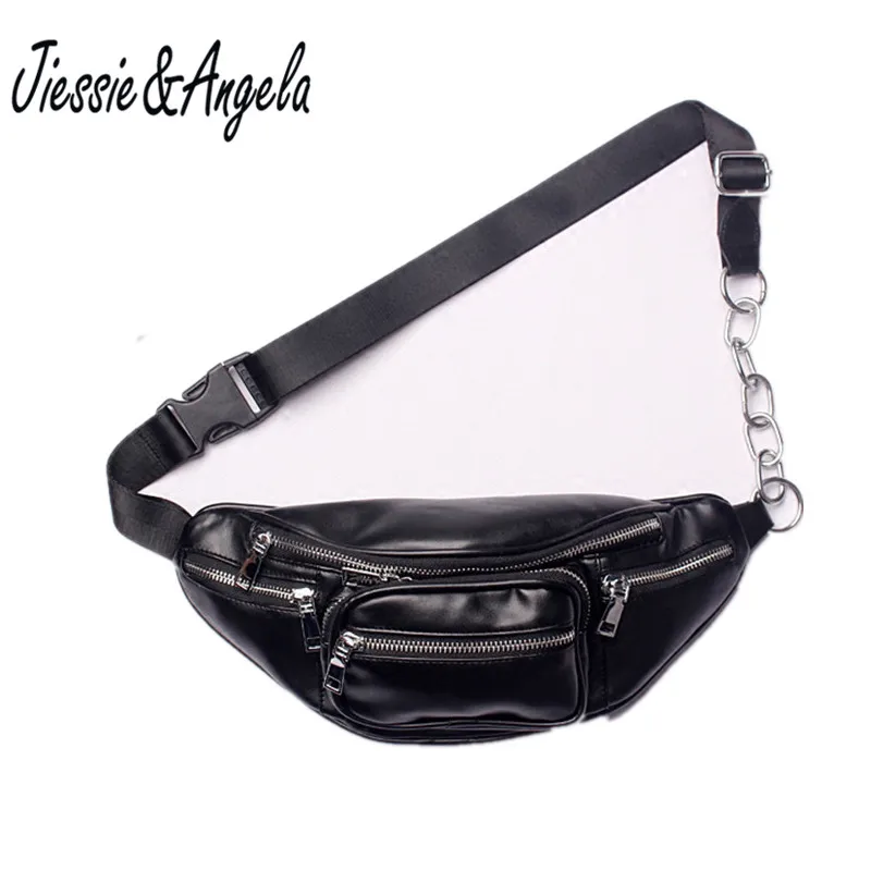 

Jiessie & Angela Fashion Unisex PU Leather Waist Bag Casual Women Chain Shoulder Bags Men Travel Chest Bag Fanny Waist Pack