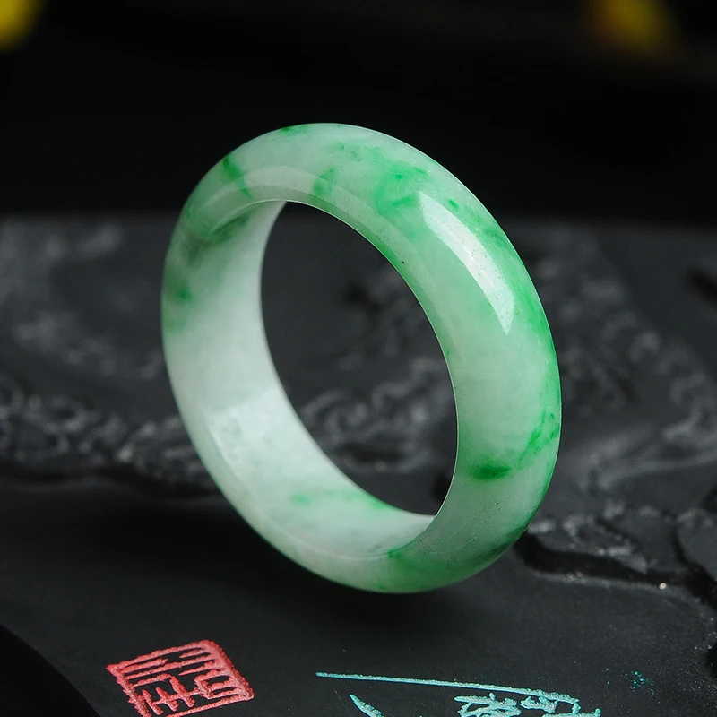 Green flower emerald ring 18# Jade rings Jade ring male and female