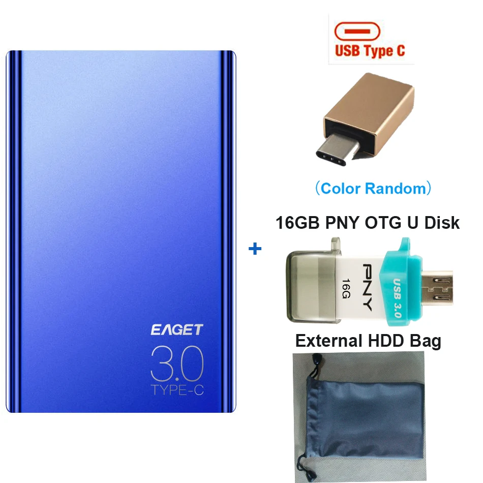 Eaget G70 2," USB 3,0 Металлический внешний жесткий диск 2 ТБ 1 ТБ HDD disco duro externo Портативный Тип type-C для компьютера/ноутбука/Mac/PS4/игры - Цвет: Blue Type-C adapter