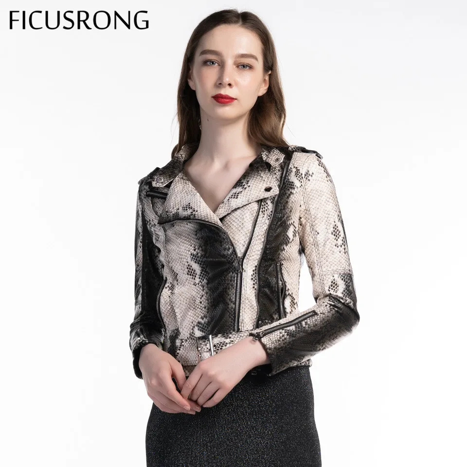 

Turn-down Collar Casual Pu Motorcycle Snake Punk Outerwear Women Sashes Zipper Faux Soft Leather Jacket Coat 2019 New FICUSRONG
