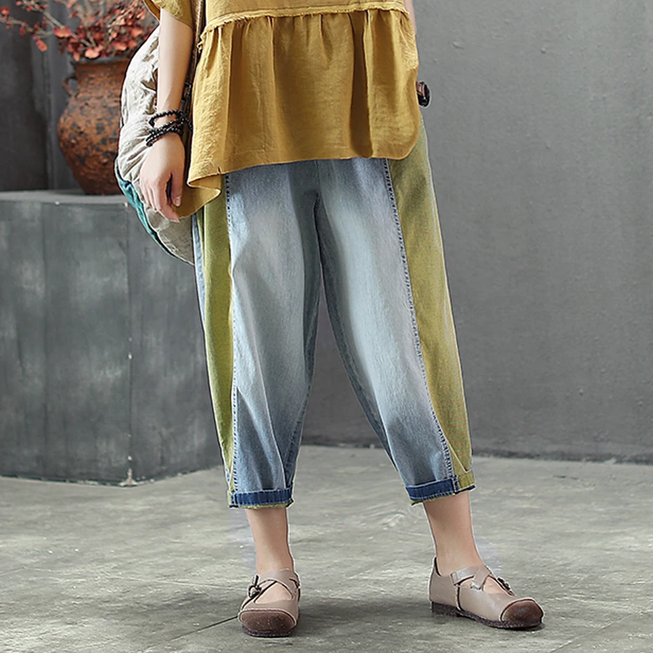 

Women Jeans Denim Straight Pants Retro Vintage Casual for Summer Big Loose Plus Size Elastic Waist Patchwork AZ39382928
