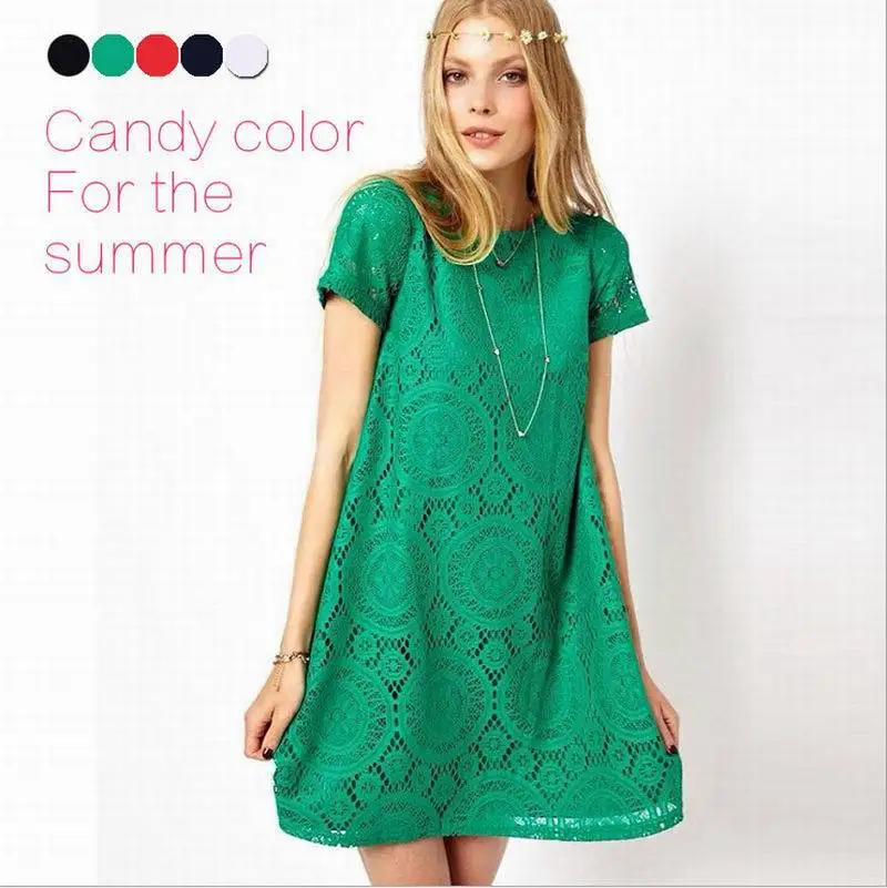 

women Summer Lace Dress lady Casual Loose O-neck Vintage Embroidery Floral Hollow Out Dress