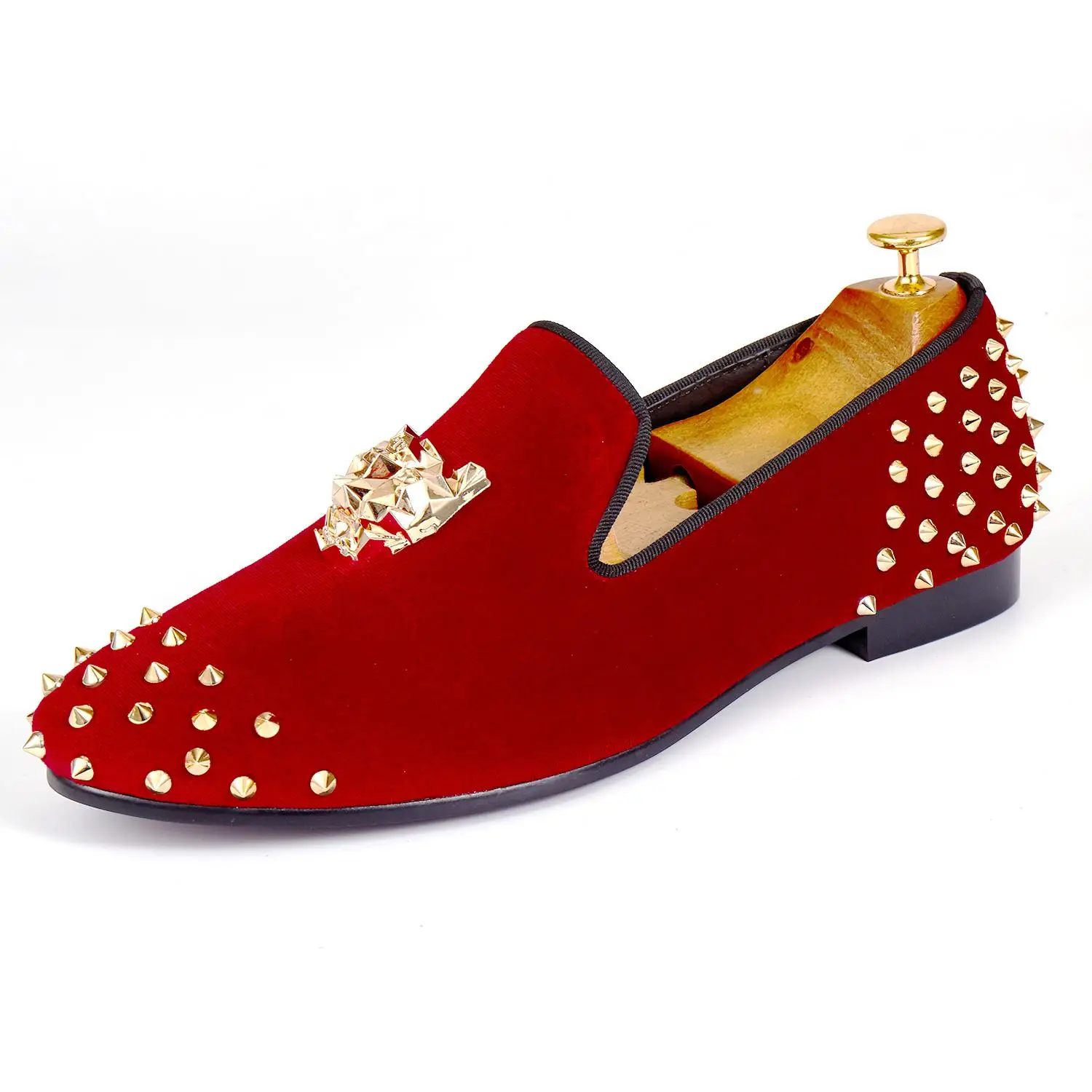 Harpelunde/Мужская Свадебная обувь; синие бархатные лоферы с шипами; обувь на плоской подошве с пряжкой; Размеры 7-14 - Цвет: Красный