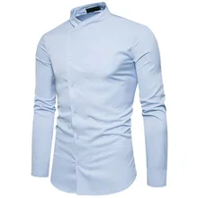 Новинка осень зима косые пуговицы отель стоячий воротник повседневные деловые вечерние рубашки мужская сорочка с острым вырезом homme