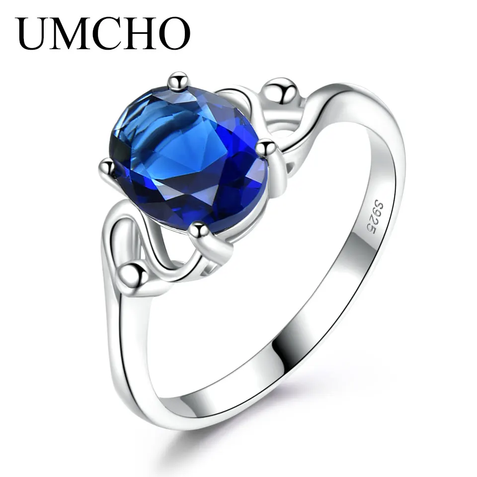 UMCHO Solid 925 Sterling Silver Jewelry Created Blue Sapphire Wedding Rings Best Anniversary Gift For Women Fine Jewelry
