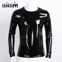 Iiniim Черная Мужская лакированная кожа с длинным рукавом на молнии футболка ночной клуб стиль металлический блестящий хип-хоп пуловер футболка костюм Топ