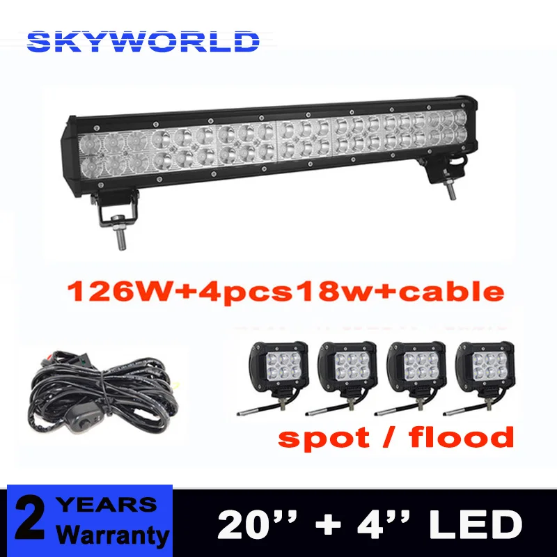 20inch 126w car led light bar 4pcs spot flood 18w led work light for offroad 4x4 4WD tractor truck 12v 24v with wiring kit 20inch 126w car led light bar 4pcs spot flood 18w led work light for offroad 4x4 4WD tractor truck 12v 24v with wiring kit