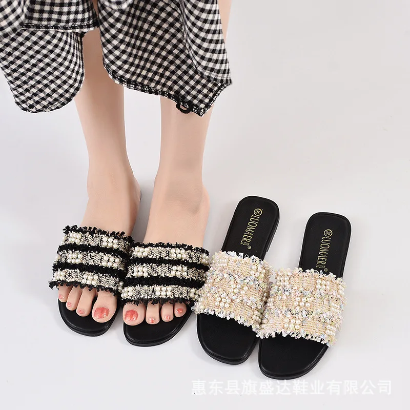 

leather female flat slippers new 2019 brief slides sandal plus size Rubber sandals beach Cotton Fabric modis Low ladies