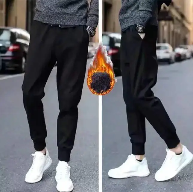 Men's Sweatpants Plus Velvet Thickening Pants Male Autumn Winter Black Casual Pants Youth Trend Small Feet Harness Trousers - Цвет: As shown