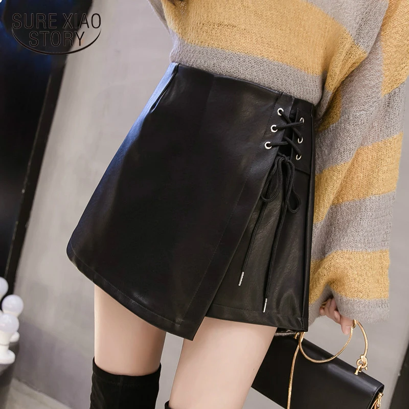 

skirts womens leather skirt faldas mujer moda 2019 mini skirt Lace-Up Solid A-Line PU Formal elegant high waist skirt 1921 50