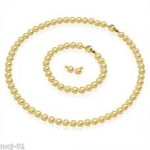 Благородство удача для женщин 8 мм Золотой акойя Жемчужное ожерелье 18 ''комплект из браслета и серег AAA