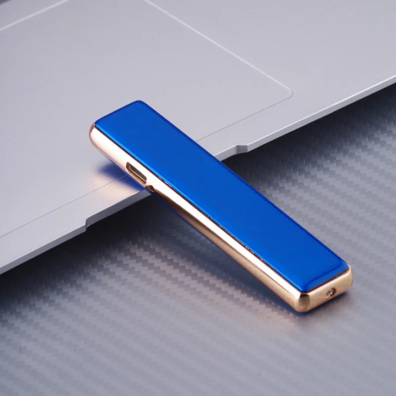 Мини тонкая USB Зажигалка металлическая перезаряжаемая Электронная Зажигалка сигарета турбо огонь Зарядка Электрический провод ветрозащитная Мужская зажигалка - Цвет: blue