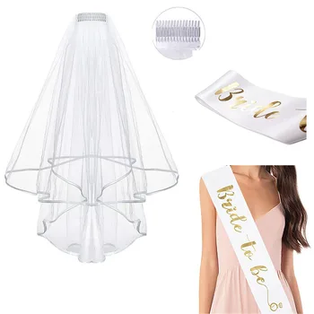 

2 pcs set hen party set white dding party decoration bride to be sash and veil set Bridal Shower rose gold sash