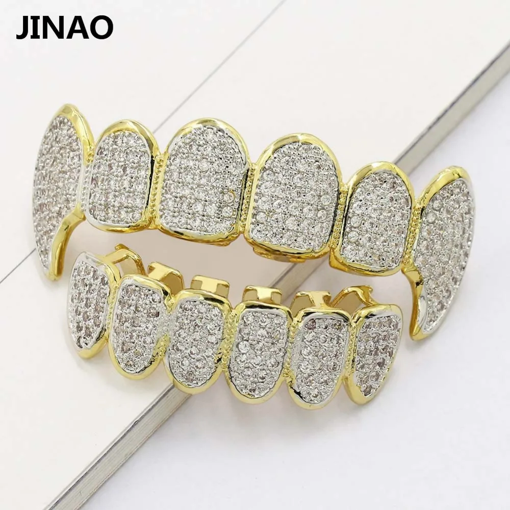  JINAO Gold Color Plated Hip Hop Micro Pave Zircon Teeth Grillz Caps Top&Bottom Men Women Vampire Fa