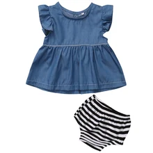 Комплект одежды из 2 предметов для маленьких девочек, Ковбойское джинсовое платье-рубашка+ Детские Полосатые шорты комплект одежды для детей от 0 до 24 месяцев