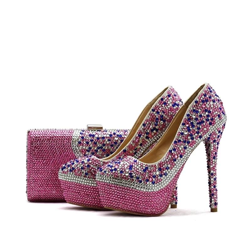 

2018 Pink Rhinestone Wedding Party Shoes Adult Ceremony Pumps with Matching Bag High Heel Bridal Wedding Prom Shoes with Purse