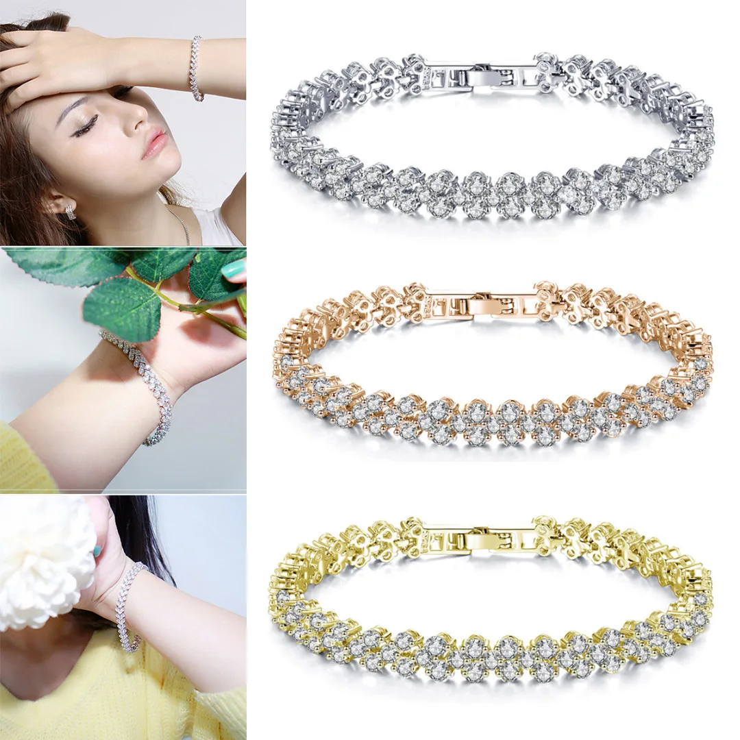 Sainio Luxury Crystal Bracelet Women Charm Sparkling Zircon Rhinestone Bracelet Fantastic Wedding Party Jewelry Wristband Chain
