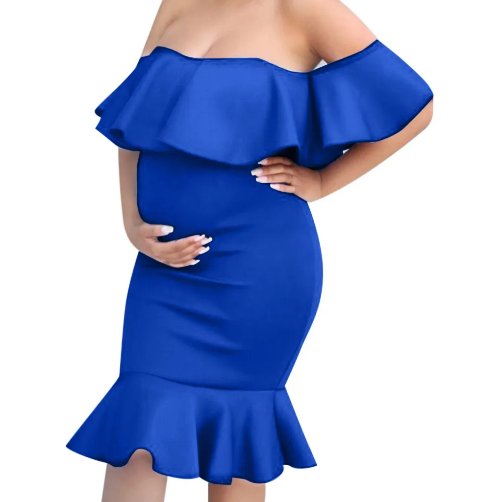 MUQGEW женское платье для беременных с открытыми плечами без рукавов платья для беременных с открытой спиной оборки однотонное вечернее платье для беременных - Цвет: Синий